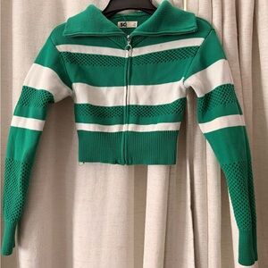 SO Green & White Striped Zip-Up Knit Cardigan
